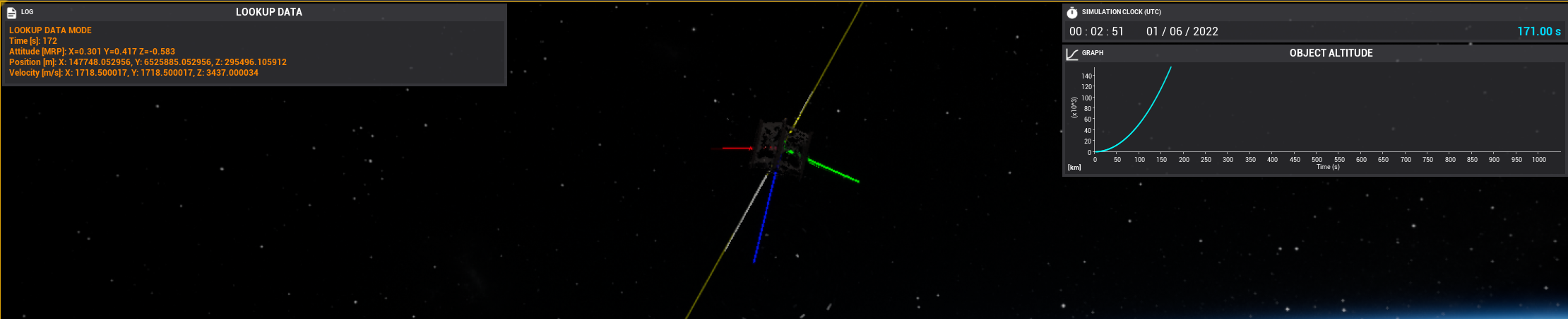 A debris trajectory showing a spacecraft being launched from the surface following the data within the lookup table.